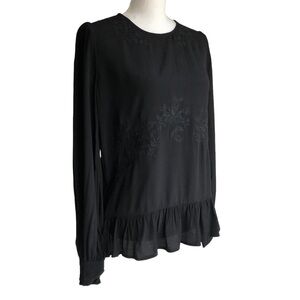 RO & DE Embroidered Black Ruffled Hem Blouse Size Small